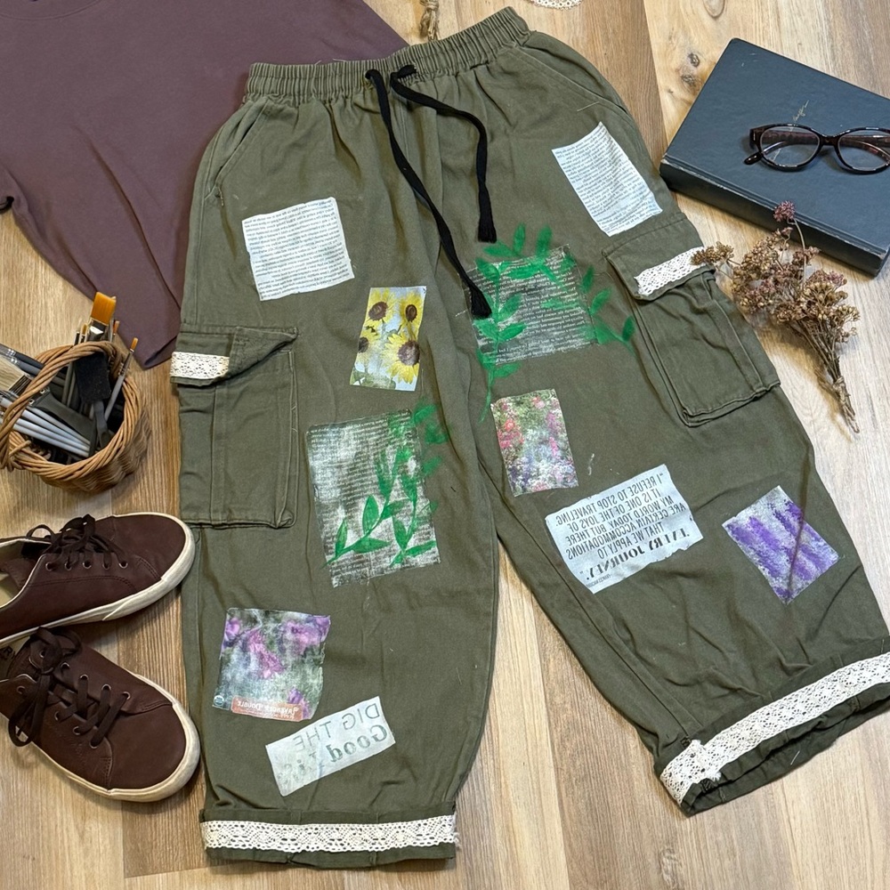 Upcycled Artsy Cargo Pants Newspaper Collage Hand-Painted Boho Patchwork